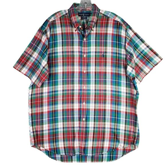Polo Ralph Lauren Mens Oxford Plaid Blake Button Down Shirt SS Green Red Large L - Picture 2 of 9